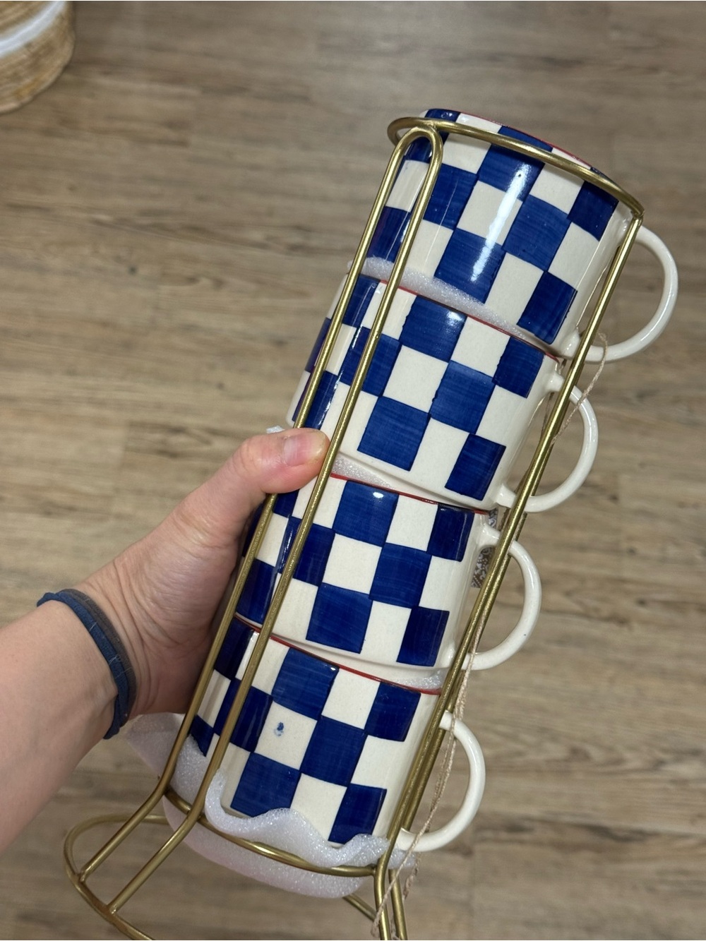 Blue & White Check Stackable Mugs with Gold Rack - Picture 2 of 2